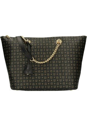 Borsa tote nera a fantasia realizzata in materiale testurizzato, con hardware dorato, una tracolla a catena e un'etichetta in pelle con il logo "Pollini".