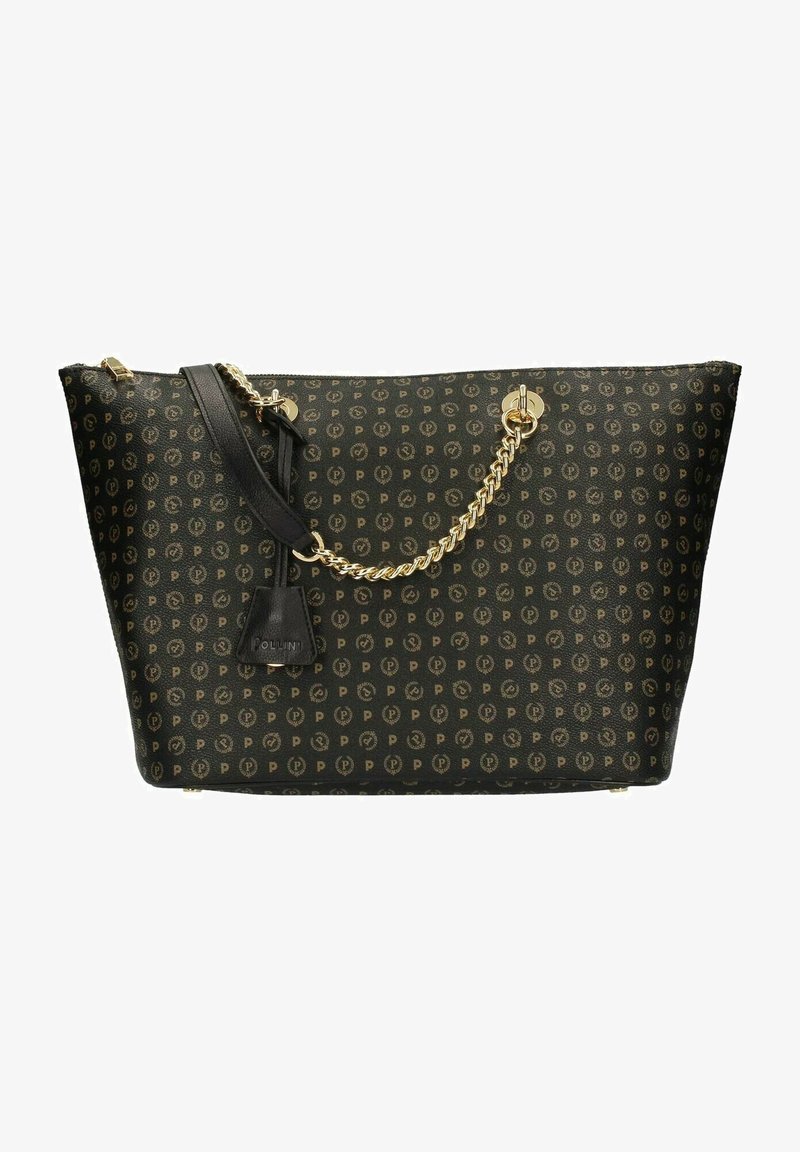 Borsa tote nera a fantasia realizzata in materiale testurizzato, con hardware dorato, una tracolla a catena e un'etichetta in pelle con il logo "Pollini".