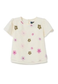 Weiße Kurzarmbluse mit floralem Stickerei in Pink, Lila und Grün. Verfügt über einen runden Halsausschnitt und einen Knopfverschluss hinten.