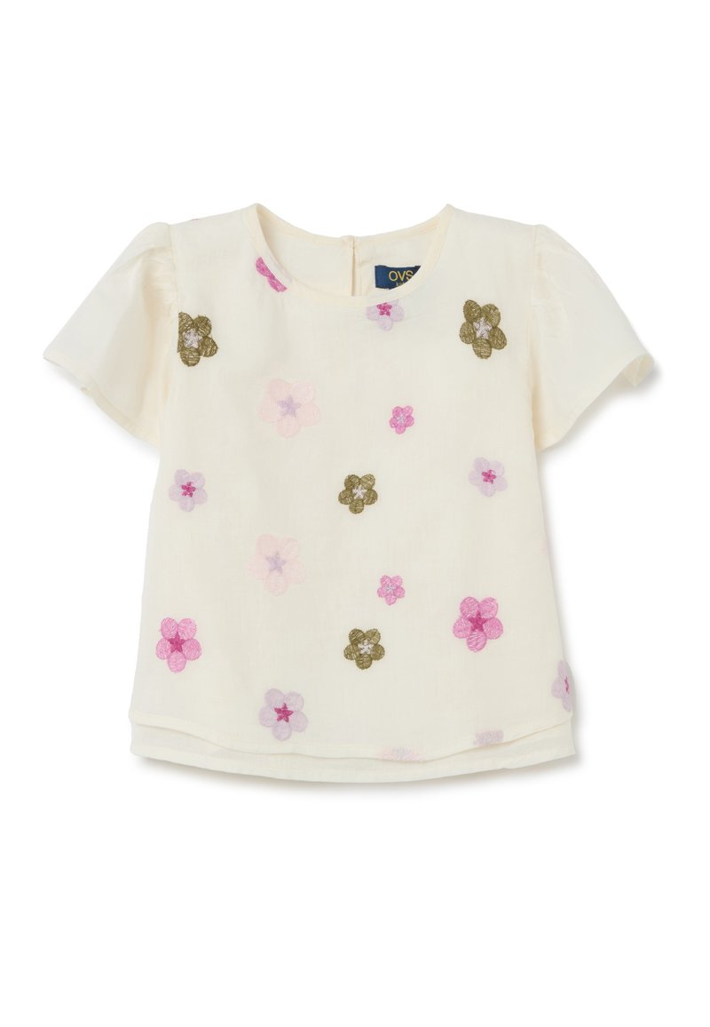 Weiße Kurzarmbluse mit floralem Stickerei in Pink, Lila und Grün. Verfügt über einen runden Halsausschnitt und einen Knopfverschluss hinten.