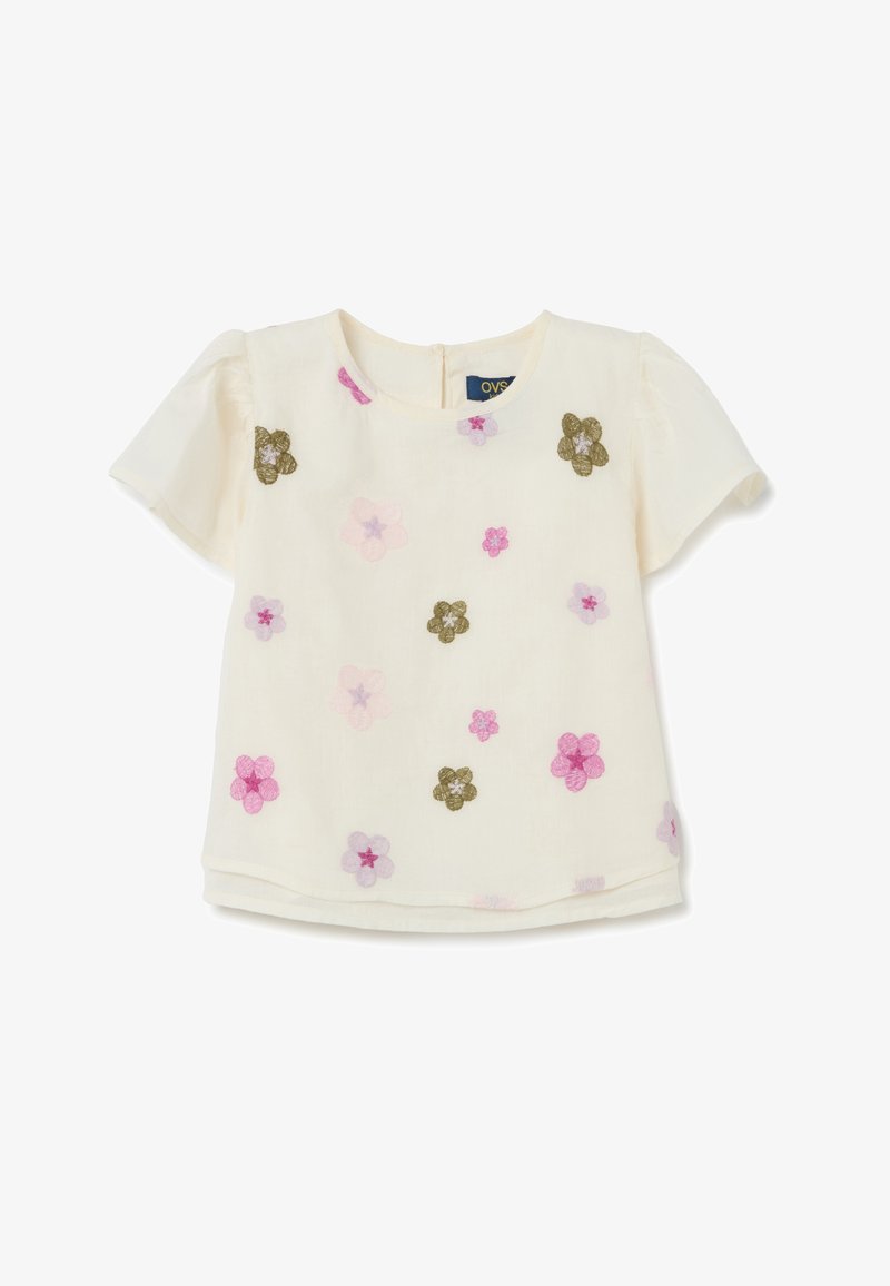 Weiße Kurzarmbluse mit floralem Stickerei in Pink, Lila und Grün. Verfügt über einen runden Halsausschnitt und einen Knopfverschluss hinten.