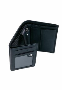 Portafoglio in pelle nera, con più slot per carte, una finestra trasparente per l'ID e una chiusura a scatto, con una finitura testurizzata e bordi cuciti.