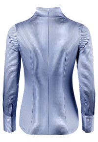 Camicia a righe blu e bianche, maniche lunghe, design aderente, colletto strutturato e polsini con bottoni. Tessuto liscio con un sottile motivo verticale.