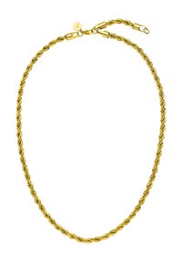 Goldfarbene, gedrehte Halskette mit einem geflochtenen Design, ausgestattet mit einem sicheren Verschluss und einem runden Anhänger. Durchgehend glatte Textur.