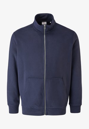 Navy blue full-zip jacket with stand collar, kangaroo pockets, and ribbed cuffs, displayed front-facing on white background.
