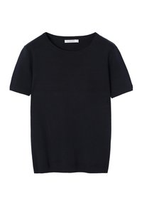 Schwarzes Strickoberteil mit kurzen Ärmeln, rundem Ausschnitt, gerippten Säumen und kleinem Markenetikett im Kragen, Größe S.