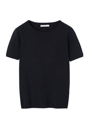 Mustast lühikeste varrukatega kootud pluus ümarate kaelusega, soonikkoes äärte ja kaeluse siseküljel väikese brändi sildiga, suurus väike.