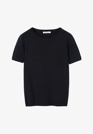 Mustast lühikeste varrukatega kootud pluus ümarate kaelusega, soonikkoes äärte ja kaeluse siseküljel väikese brändi sildiga, suurus väike.