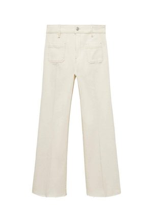 Jeans cremoși, evazați, cu un design clasic cu cinci buzunare. Prezintă cusături tonale și o închidere cu nasture la talie.