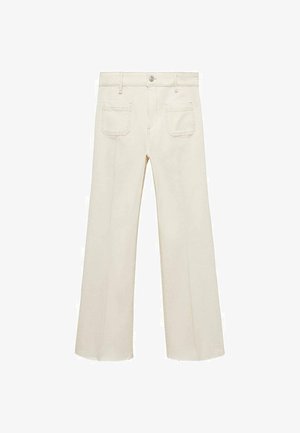 Jeans cremoși, evazați, cu un design clasic cu cinci buzunare. Prezintă cusături tonale și o închidere cu nasture la talie.