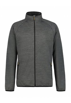 Veste grise zippée en tissu texturé. Dotée d'un col montant, d'une fermeture éclair noire et de poches latérales avec des accents dorés.