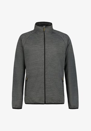Grijze zip-up jack gemaakt van textuurstof. Heeft een hoge kraag, zwarte rits en zijzakken met gouden accenten.