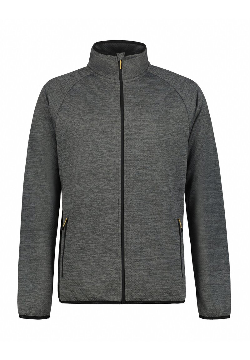 Grå zip-up jacka i texturerat tyg. Har en hög krage, svart dragkedja och sidofickor med gulddetaljer.