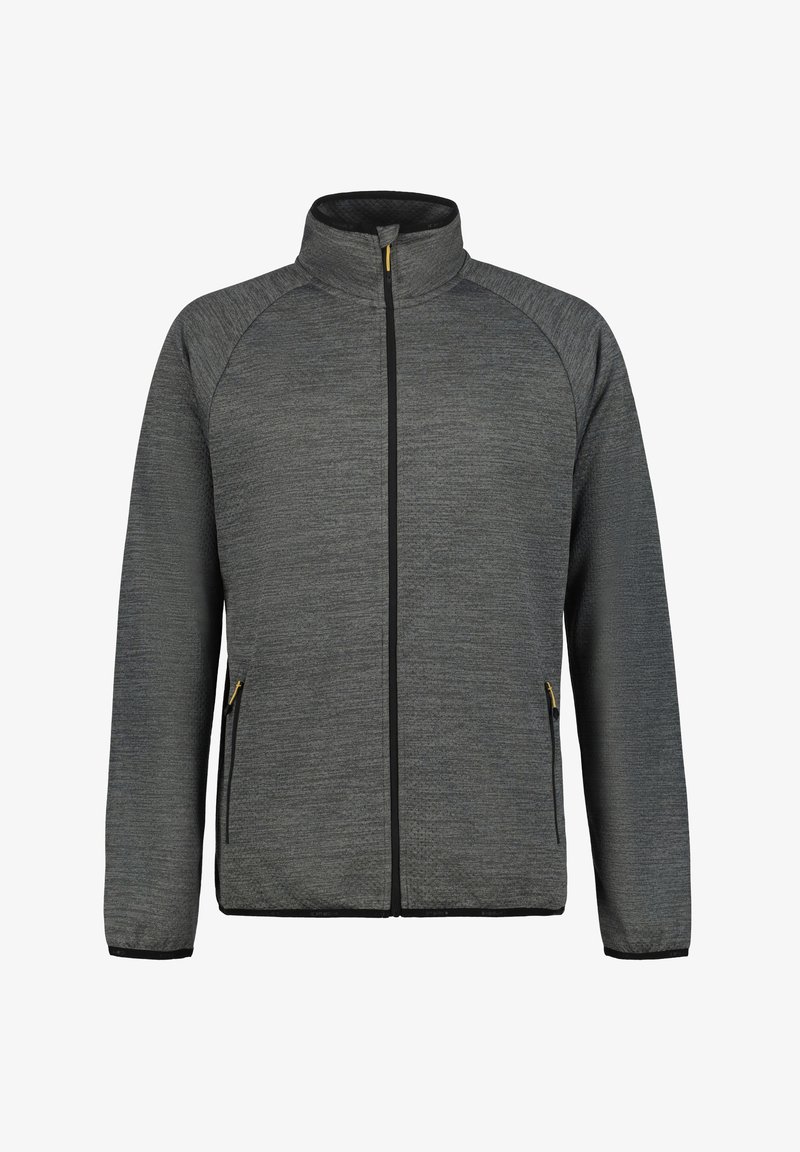 Grau zip-up Jacke aus strukturiertem Stoff. Verfügt über einen hohen Kragen, einen schwarzen Reißverschluss und seitliche Taschen mit goldenen Akzenten.