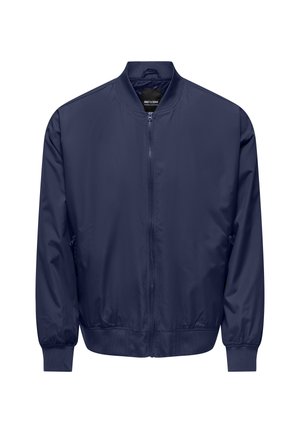 Chaqueta bomber de la marina hecha de material sintético suave, con cremallera frontal, puños acanalados y un diseño de cuello clásico.