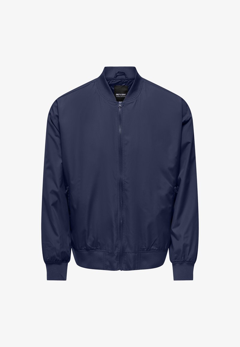 Veste de bombardier navy en matériau synthétique lisse, dotée d'une fermeture éclair sur le devant, de poignets côtelés et d'un design de col classique.