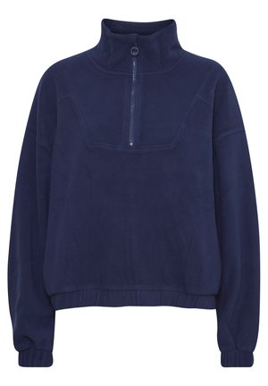 Pull en polaire bleu marine avec un col montant, fermeture éclair demi-longueur et poignets côtelés. Texture douce et coupe décontractée pour le confort.