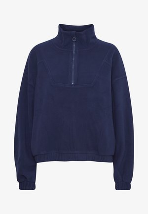 Navyblaues Fleece-Pullover mit hohem Kragen, halbem Reißverschluss und gerippten Bündchen. Weiche Textur und lockere Passform für Komfort.