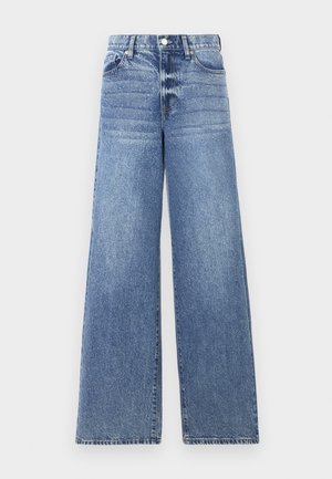 Hellblaue, weite Jeans aus Denim mit Knopfverschluss, fünf Taschen und subtilen Abrieb entlang der Vorderseite.