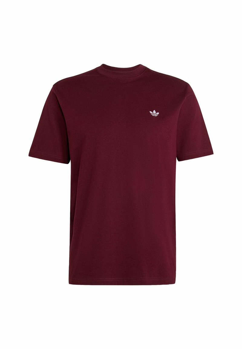 T-shirt bordeaux à manches courtes avec col rond et petit logo blanc Adidas trefoil sur la poitrine gauche.