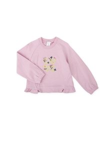 Sudadera rosa con cuello redondo acanalado, puños elásticos y dobladillo con volantes. Presenta un diseño de "LOVE" floral bordado en la parte frontal.