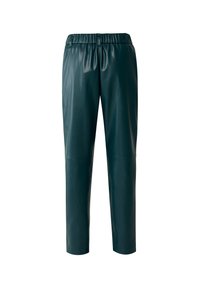 Dark green leather pants with an elastic waistband, tapered leg design, smooth texture, and minimal stitching details.