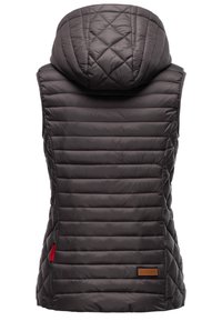 Quilted, dark gray sleeveless vest with a hood. Features horizontal stitching, side accents, and a small brown logo patch on the bottom.