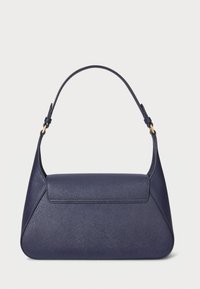 Navy blue handbag with a structured shape, made of textured material, featuring a single handle and a flap closure with subtle stitching details.