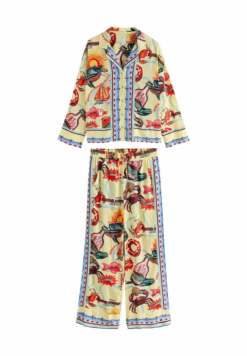 Set de pijama cu model floral în galben pastel, cu bluză cu mâneci lungi și pantaloni evazați cu imprimeuri mixte de viață marină și accente.