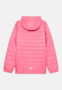 Doudoune rose avec une capuche, dotée d'un design matelassé, de longues manches et d'un petit détail réfléchissant près de l'ourlet. Texture lisse.