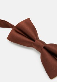 Brown satin bow tie featuring a classic design with a textured finish, tied at the center, and a long adjustable strap.