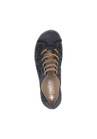 Scarpa in suede nera con motivo decorativo a intaglio, lacci beige, punta rotonda e soletta imbottita con marchio "rieker ANTIstress".