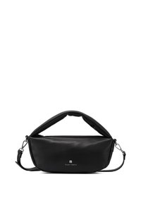 Borsa a mano in pelle nera con una texture liscia, una tracolla removibile, un manico superiore morbido e un logo impresso sul davanti. Forma compatta e rettangolare.