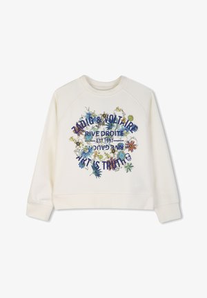 Sweat-shirt blanc à manches longues avec un motif floral bleu et orange entourant le texte marine "ZADIG & VOLTAIRE RIVE DROITE EST 1997 ART IS TRUTH."