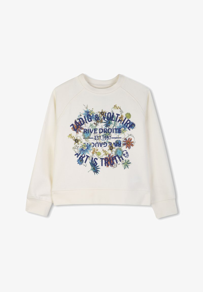 Sudadera blanca de manga larga con diseño floral en azul y naranja alrededor del texto en azul marino "ZADIG & VOLTAIRE RIVE DROITE EST 1997 ART IS TRUTH."