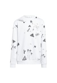 Felpa bianca con varie stampe grafiche nere, tra cui loghi, stelle e motivi sportivi. Collo girocollo classico e polsini a coste.