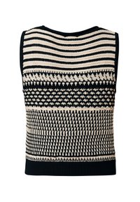 Gilet sans manches en maille noir et crème avec des rayures horizontales et des motifs géométriques, col rond et ourlet côtelé.