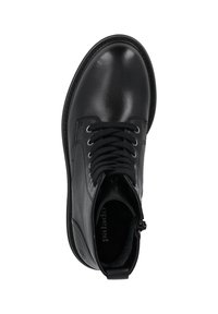 Schwarzer Leder-Stiefel bis zum Knöchel mit rundem Zehenbereich, Schnürung vorne und seitlichem Reißverschluss. Verfügt über kontrastierende Nähte und eine strukturierte Innenauskleidung.