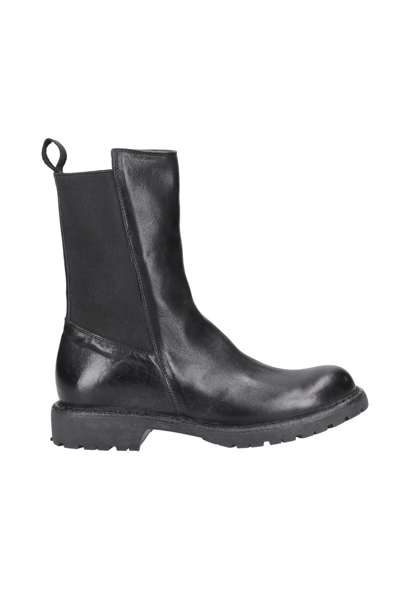 Black leather ankle boot with elastic side panels, rounded toe, pull tab, and textured rubber sole. Smooth and shiny finish.