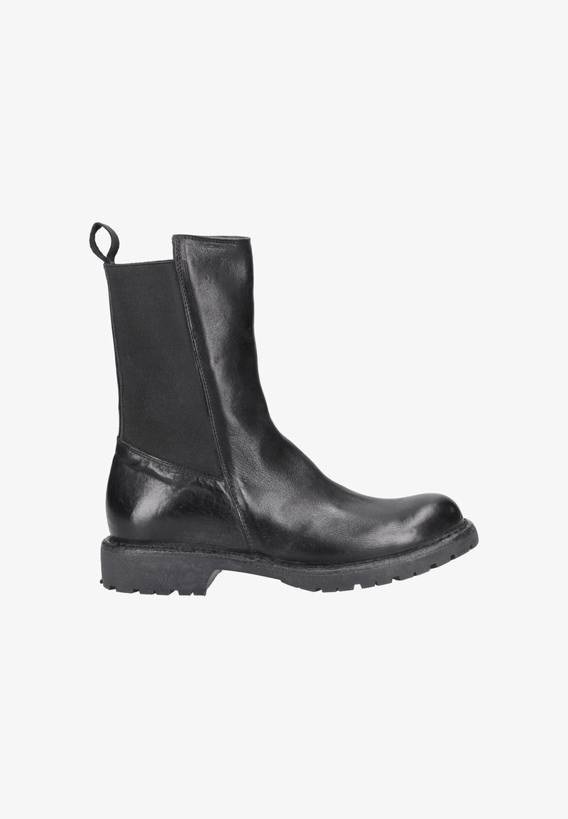 Schwarze Lederstiefelette mit elastischen Seiteneinsätzen, abgerundeter Zehenpartie, Zugschlaufe und strukturiertem Gummisohle. Glatte und glänzende Oberfläche.