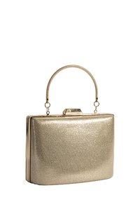 Gouden metallic clutch met een gladde, gestructureerde afwerking, rechthoekige vorm en een slanke metalen handgreep. Voorzien van een sluiting aan de bovenkant.