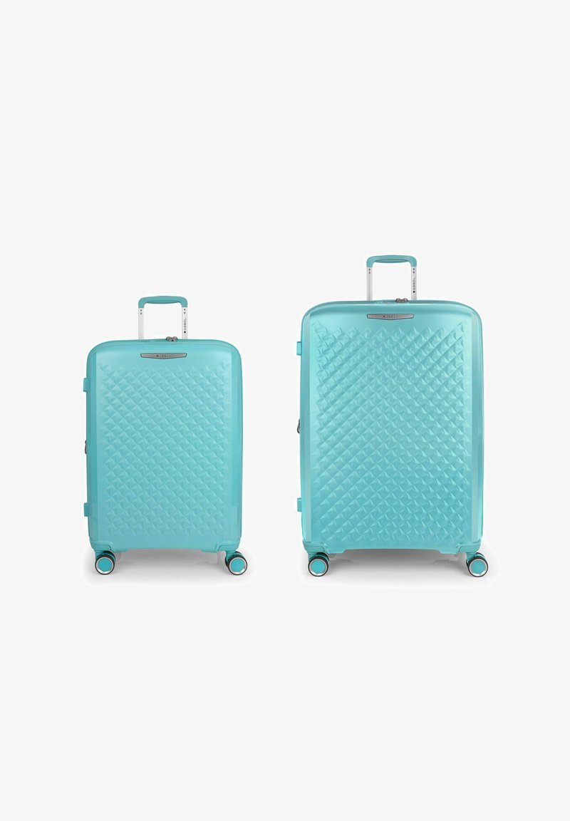 Zwei türkisfarbene Hartschalenkoffer, einer größer und einer kleiner, mit einer diamantförmigen Textur und vier leichtgängigen Rollen.