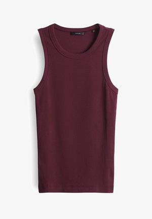 Maronenfarbendes ärmelloses Tanktop mit gerippter Textur, rundem Ausschnitt und geradem Saum. Das Material wirkt weich und figurbetont.