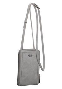 Šedá semišová crossbody taška se zipovým uzávěrem, nastavitelným popruhem a jednoduchým logem embosovaným na přední straně. Elegantní obdélníkový design.