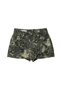 Grønne og beige dyreprint denimshorts med en tætsiddende talje, to forlommer og knaplukning. Tekstureret stof.