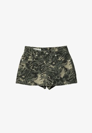 Grüne und beige Tierdruck-Jeansshorts mit einer taillierten Taille, zwei vorderen Taschen und einem Knopfverschluss. Texturiert.