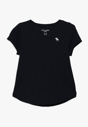 Camiseta negra de manga corta para niños con cuello en V, con un pequeño logo blanco de alce en el pecho izquierdo, talla 9/10, marca Abercrombie Kids.