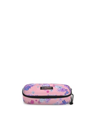 Trousse rectangulaire rose avec motif floral violet et bleu et fermeture éclair noire avec cordon, logo Eastpak en haut au centre.