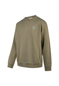 Olivgrüner Sweatshirt aus weichem Stoff, mit Rundhalsausschnitt, langen Ärmeln und einem hellblauen Vogel-Logo auf der Brust.