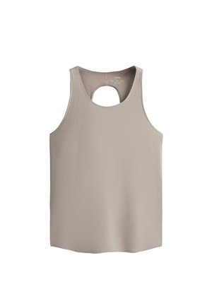 Hihaton beige toppi, jossa pyöreä pääntie ja pieni avonainen leikkaus selässä, valmistettu sileästä kankaasta.